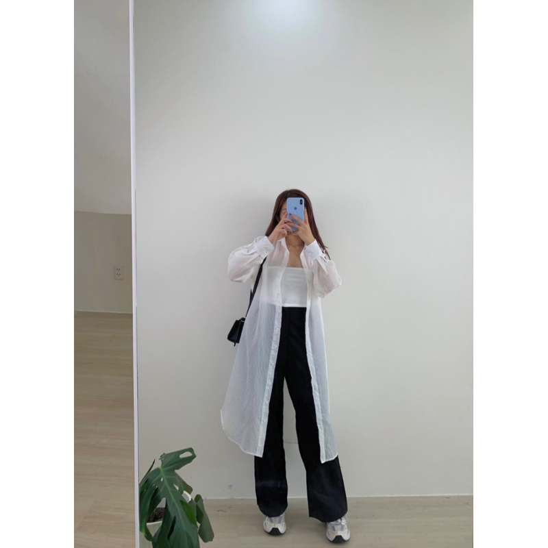 Áo somi dáng dài - form cardigan tay dài, chất voan sọc vải nhập Quảng Châu