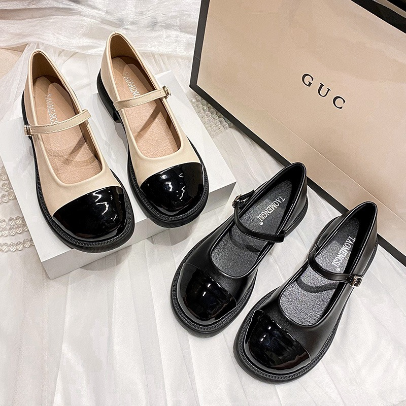 Giày nữ,Giày búp bê Mary jane lolita mũi vuông da bóng pha màu đế bệt