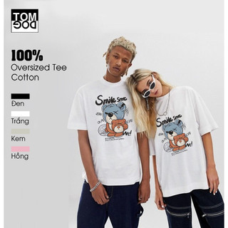 Áo Thun Cotton Form Rộng Unisex In Hình Gấu Smile Thấm Hút Mồ Hôi Tốt