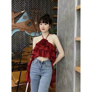 Áo cổ yếm đính hoa hồng xếp tầng vạt dài