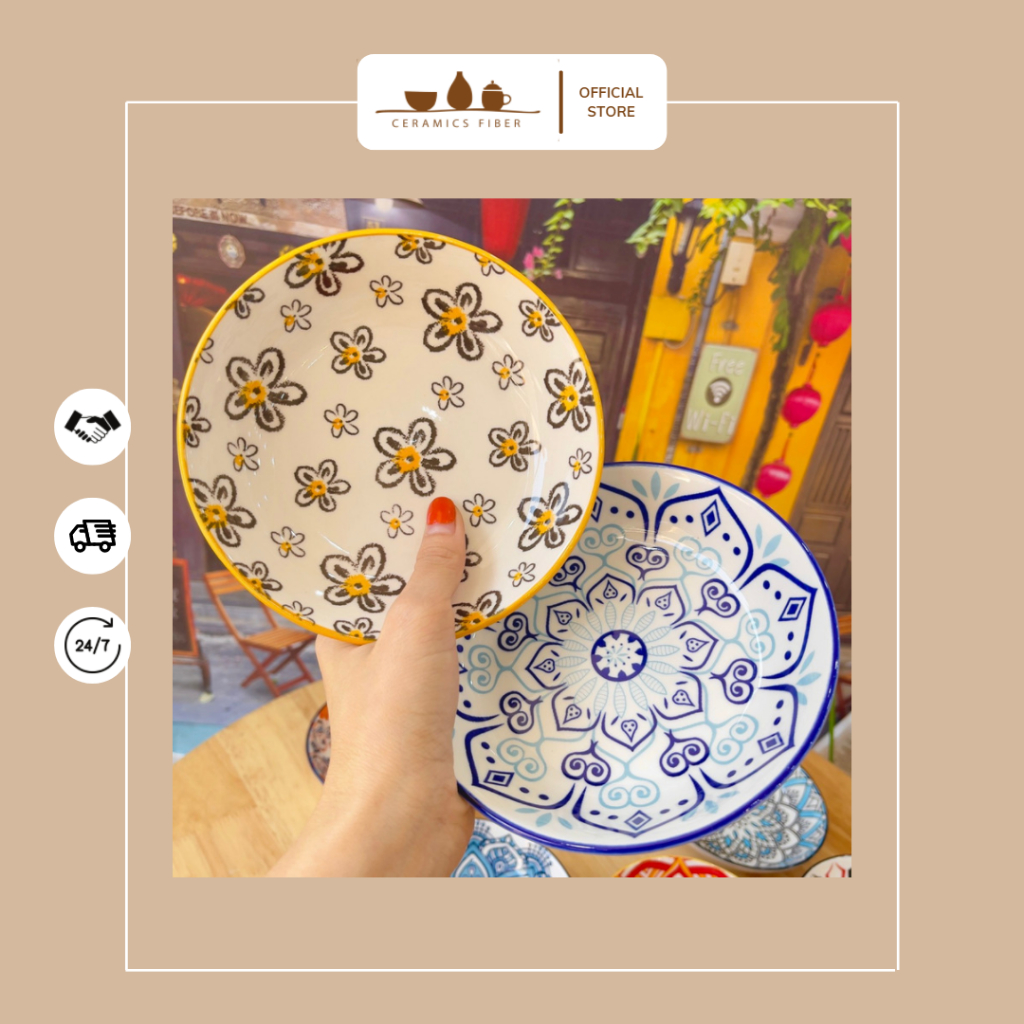 Đĩa sứ lòng sâu họa tiết hoa thổ cẩm - Ceramics Fiber