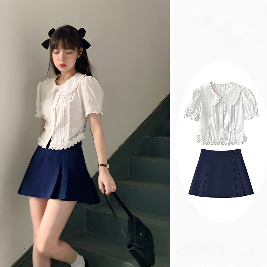 Set áo sơmi cổ bèo tay bồng phối chân váy xanh than phong cách thời trang Hàn Quốc mới