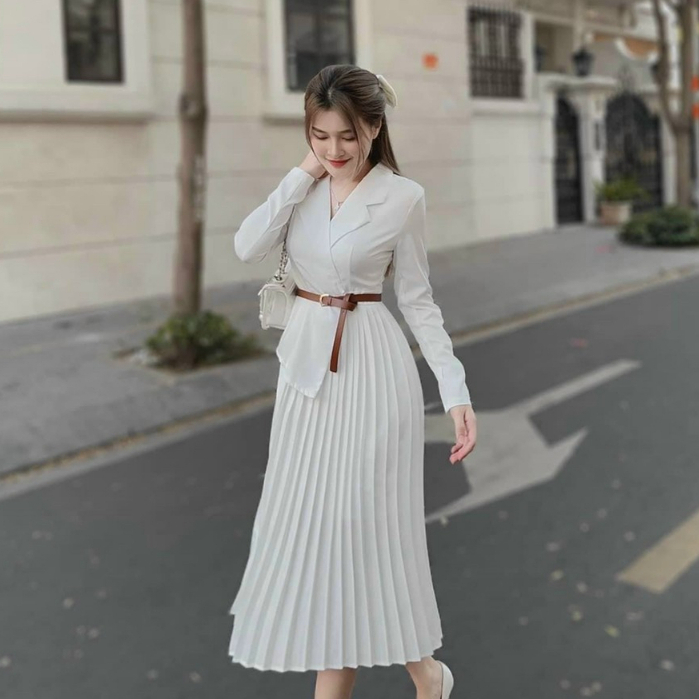 Đầm thời trang nữ dự tiệc chất cotton lạnh cổ vest tay dài kèm dây nịt váy xoè maxi dập ly