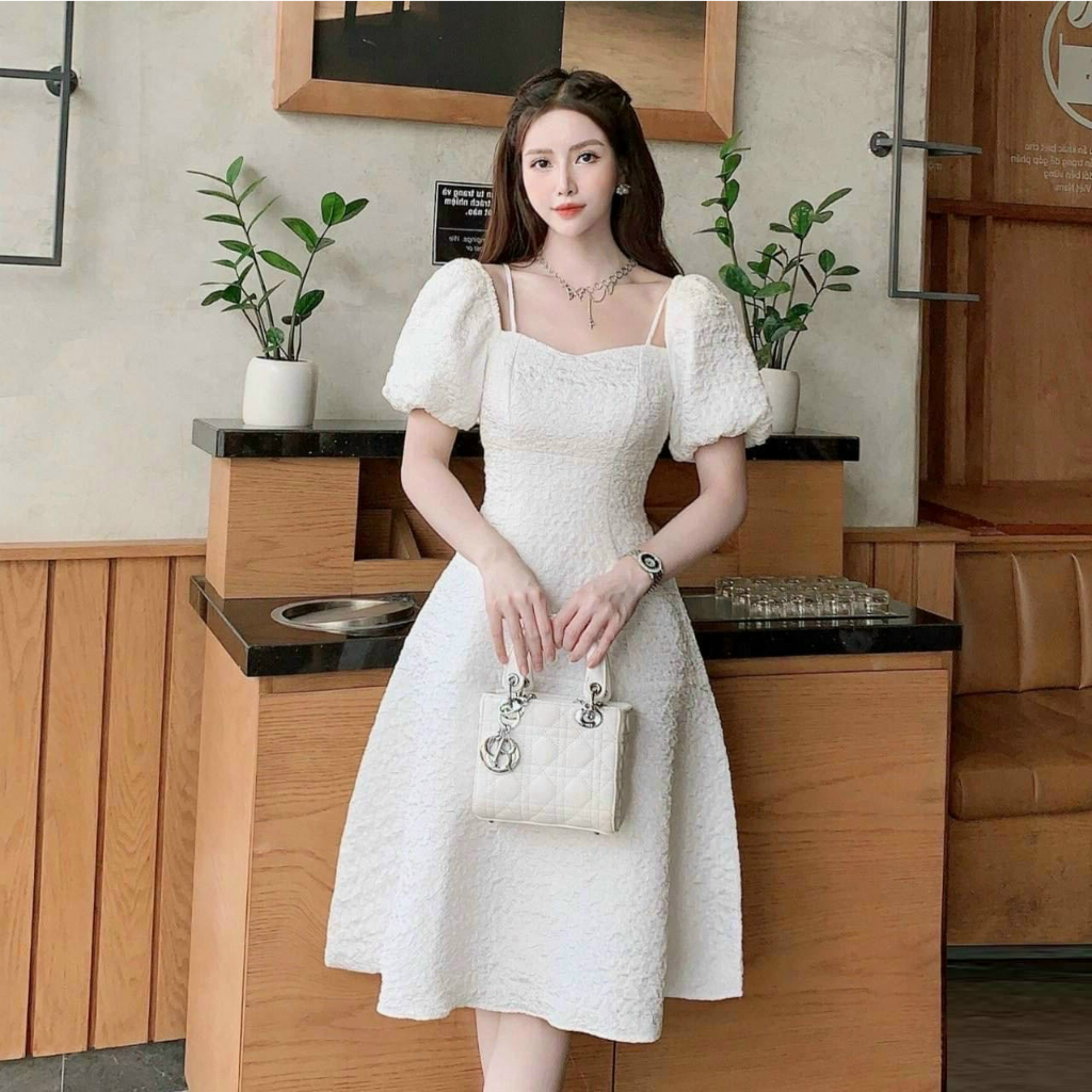 Đầm thời trang nữ dự tiệc chất gấm cổ vuông có mút tay ngắn dáng váy dài xoè