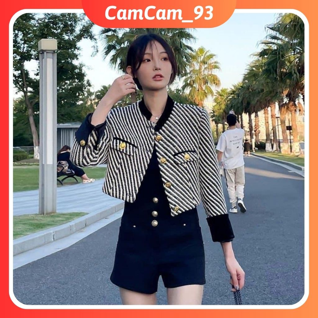 Áo khoác dạ tweed nữ dáng ngắn cổ trụ cúc đồng sang chảnh, phong cách Hàn Quốc có đệm vai- tay nhung