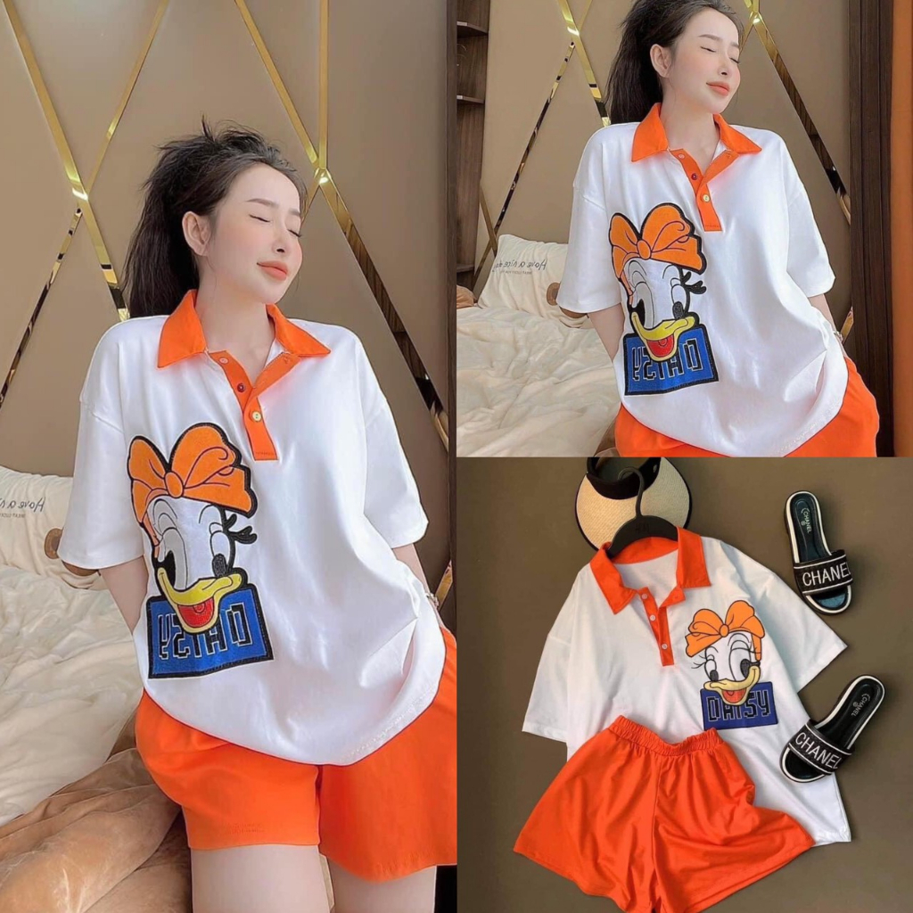Set bộ đùi nữ mặc ở nhà, set bộ đùi from rộng áo cổ bẻ in hình vịt donal phối quần đùi cam siêu cưng