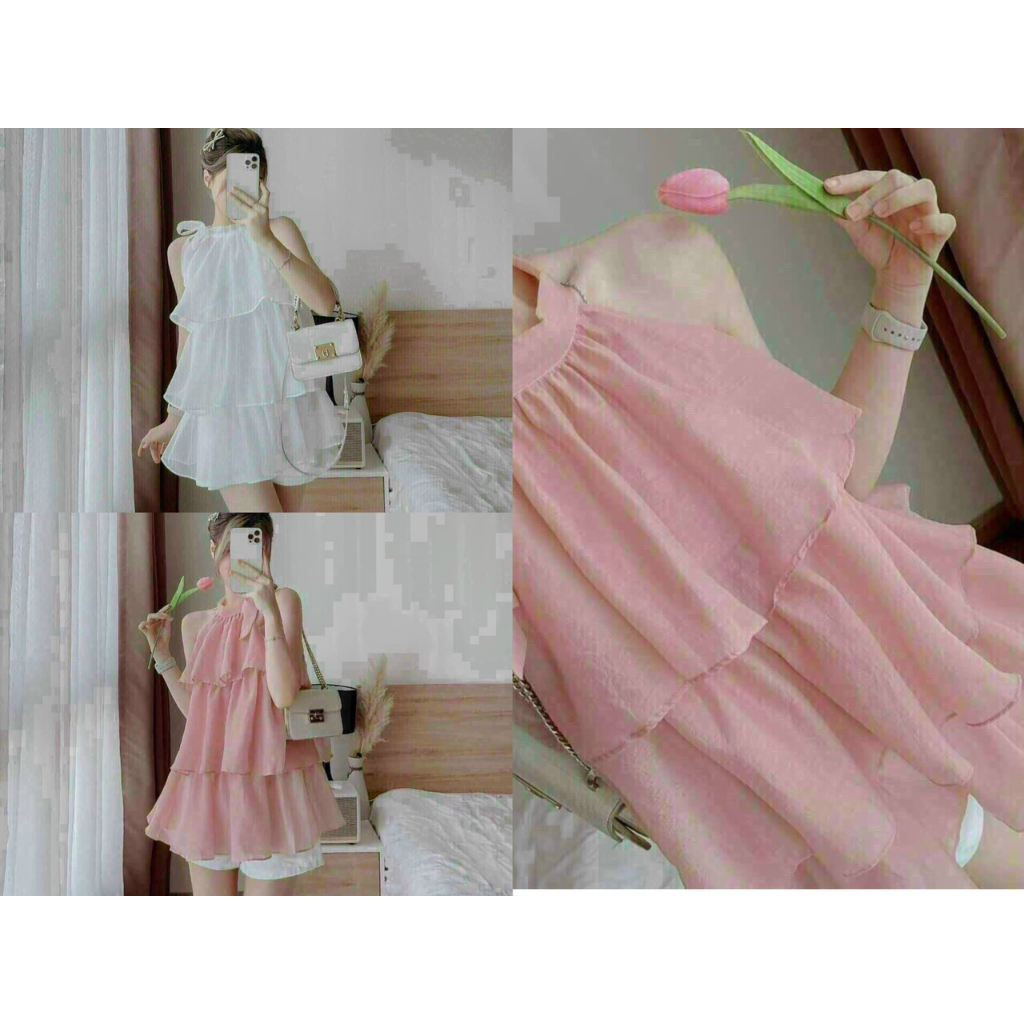 SET THỜI TRANG NỮ ĐI CHƠI CỔ YẾM CỘT NƠ TẦNG QUẦN ĐÙI 2 MÀU HỒNG -TRẮNG SIÊU CƯNG