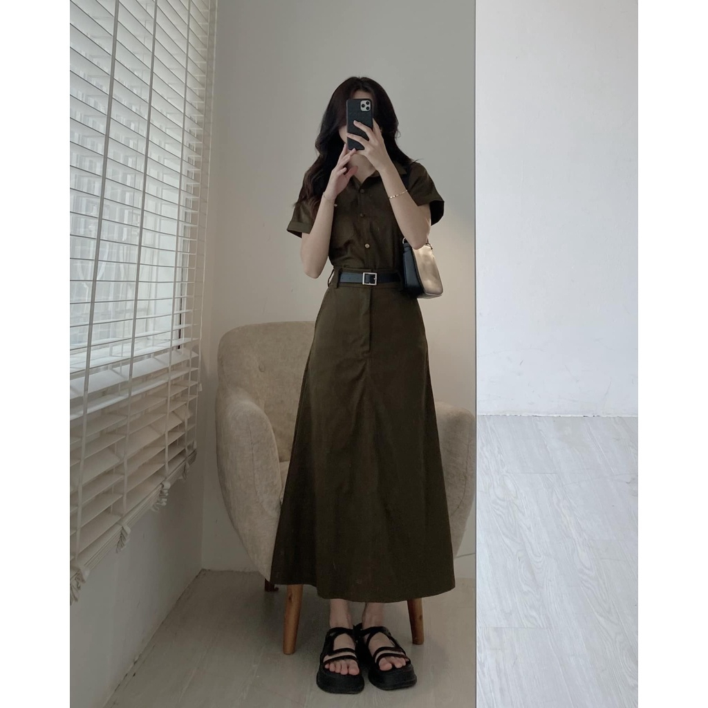 Set áo sơ mi ngắn tay chất thô túi ngực kèm chân váy dáng bút chì mã shetkemdai036