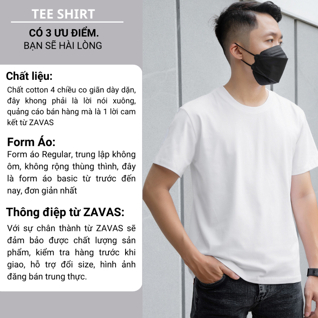 Áo thun trơn nam ZAVAS cổ tròn ngắn tay,form áo regular tiêu chuẩn vải cotton giãn 4 chiều dày mịn đẹp - ZT01