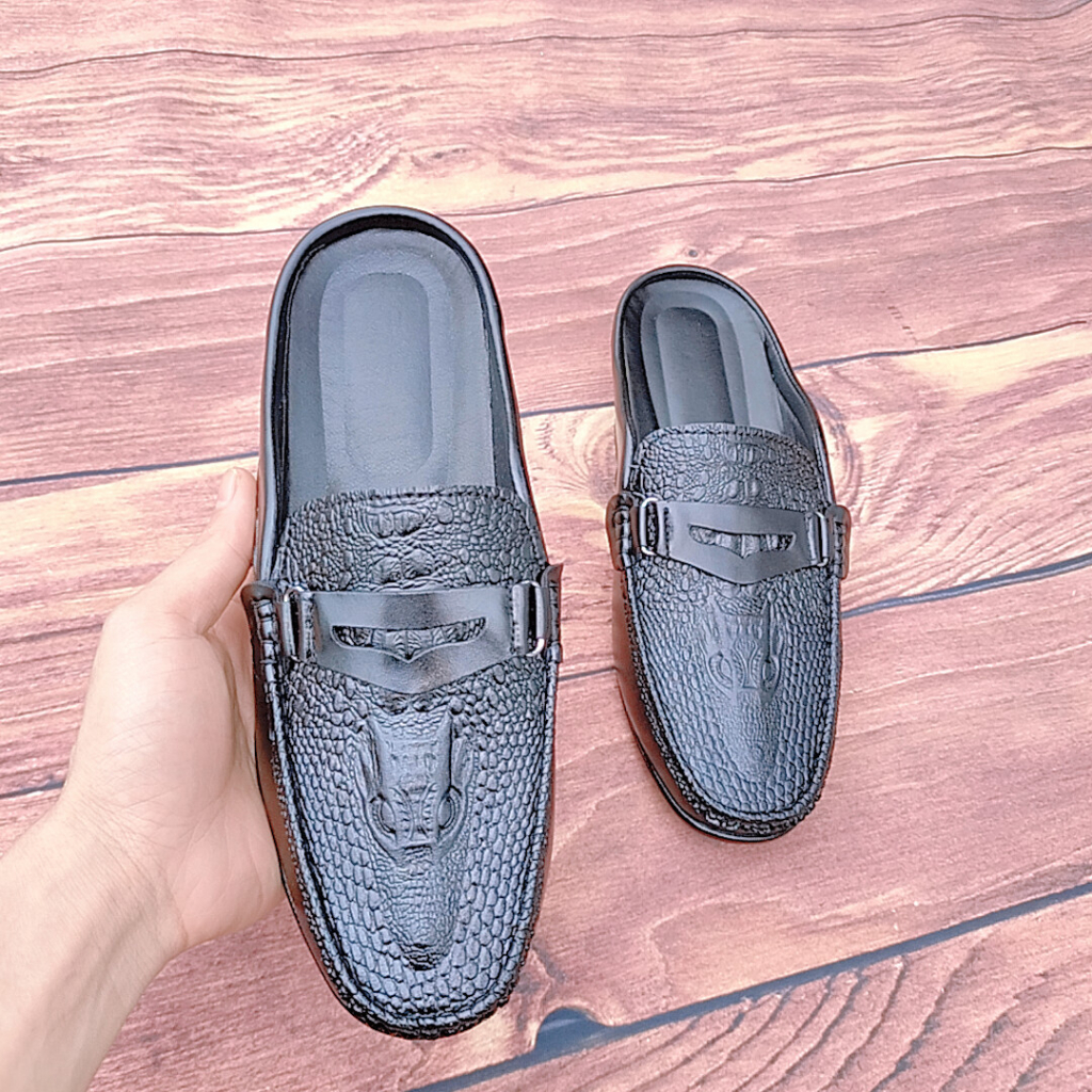 Giày sục da nam Tuấn Hằng màu đen khuy sắt dập vân đầu cá sấu hở gót khâu chỉ tỉ mỉ sục nam da thật đế cao su
