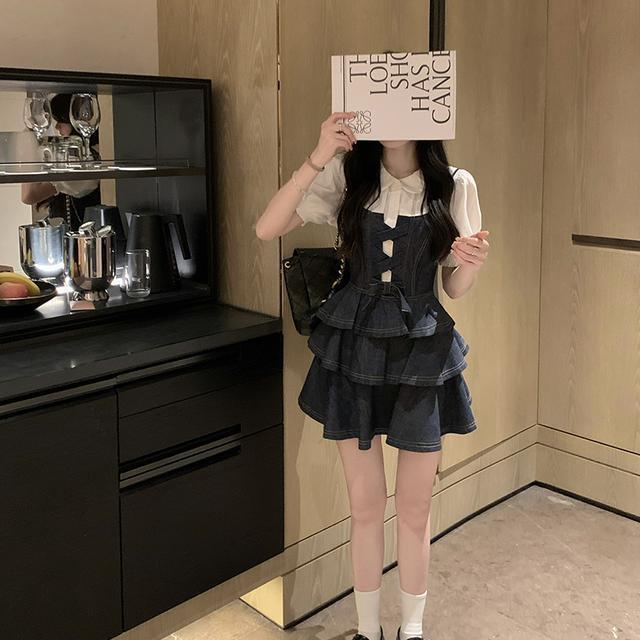 Set váy Denim và Áo sơ mi cổ bèo