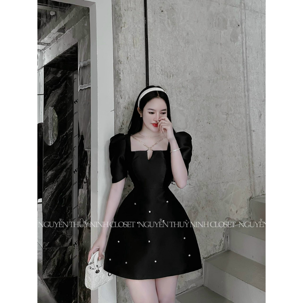 Đầm thời trang nữ dự tiệc chất tapta cổ vuông xẻ phối dây tay ngắn dáng váy xoè maxi đính cườm