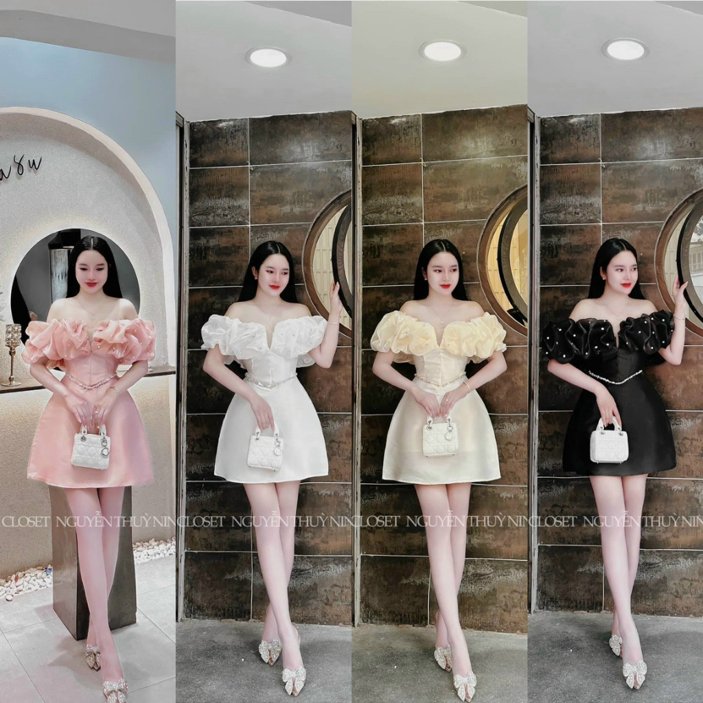 Đầm thời trang nữ dự tiệc chất tapta cổ trễ ngực phối nơ hoa cườm đính đá dáng váy xoè midi