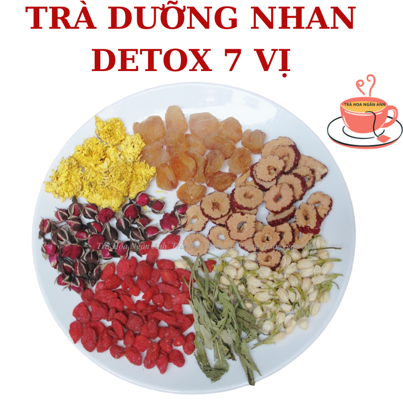 Trà dưỡng nhan detox 7 vị ngủ ngon mát gan giải độc, trà thảo mộc an nhiên cỏ ngọt, kỷ tử, hoa hồng,Trà Hoa Ngân Anh