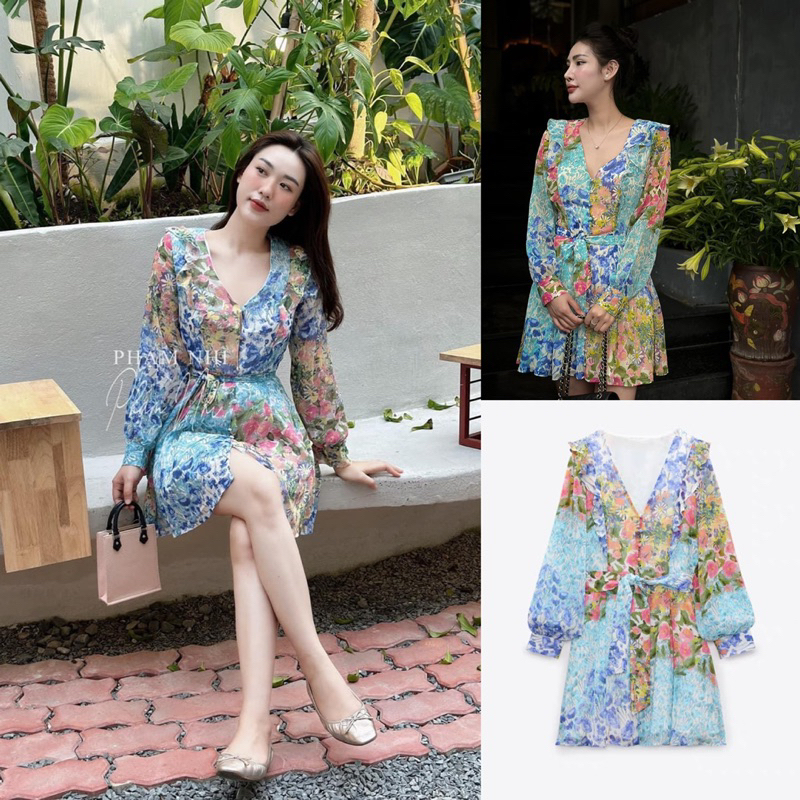 Đầm Zara Đầm mini Váy mini hoa Zara xuất du lịch mùa hè đi biển V067 Váy Zara