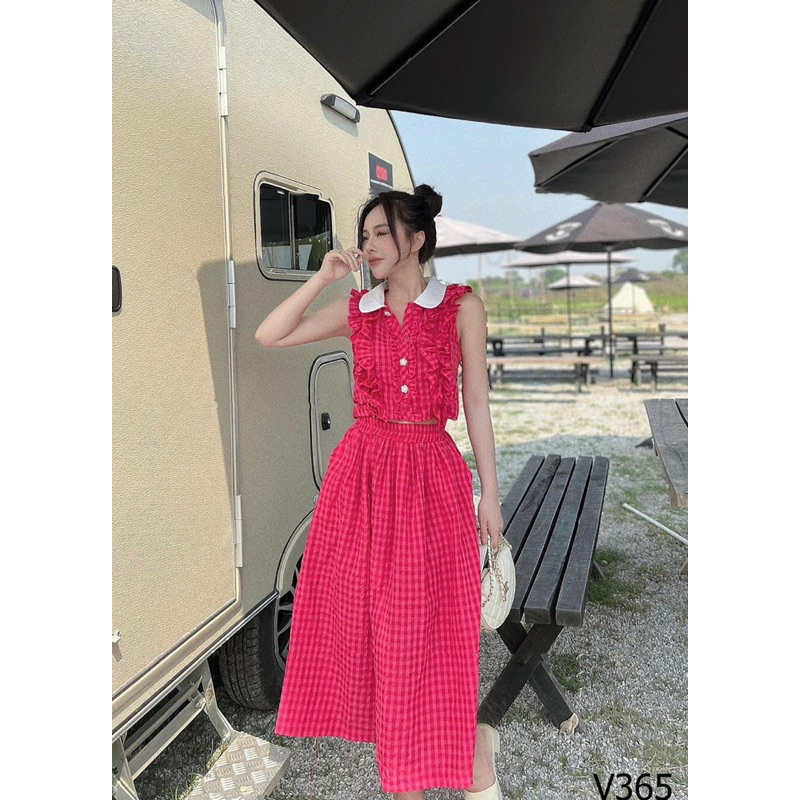 [ 𝐅𝐑𝐄𝐄 𝐒𝐇𝐈𝐏 ] Set đồ nữ cổ sơ mi bèo cộc tay  đính khuy phối chân váy  Cô phối siêu đẹp  Chất kẻ đui~ l1 k lo sùi