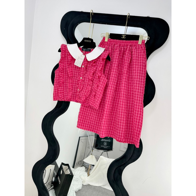 [ 𝐅𝐑𝐄𝐄 𝐒𝐇𝐈𝐏 ] Set đồ nữ cổ sơ mi bèo cộc tay  đính khuy phối chân váy  Cô phối siêu đẹp  Chất kẻ đui~ l1 k lo sùi