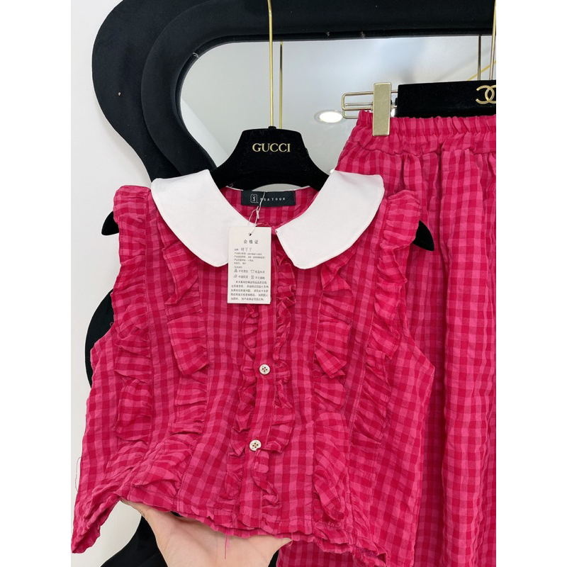 [ 𝐅𝐑𝐄𝐄 𝐒𝐇𝐈𝐏 ] Set đồ nữ cổ sơ mi bèo cộc tay  đính khuy phối chân váy  Cô phối siêu đẹp  Chất kẻ đui~ l1 k lo sùi