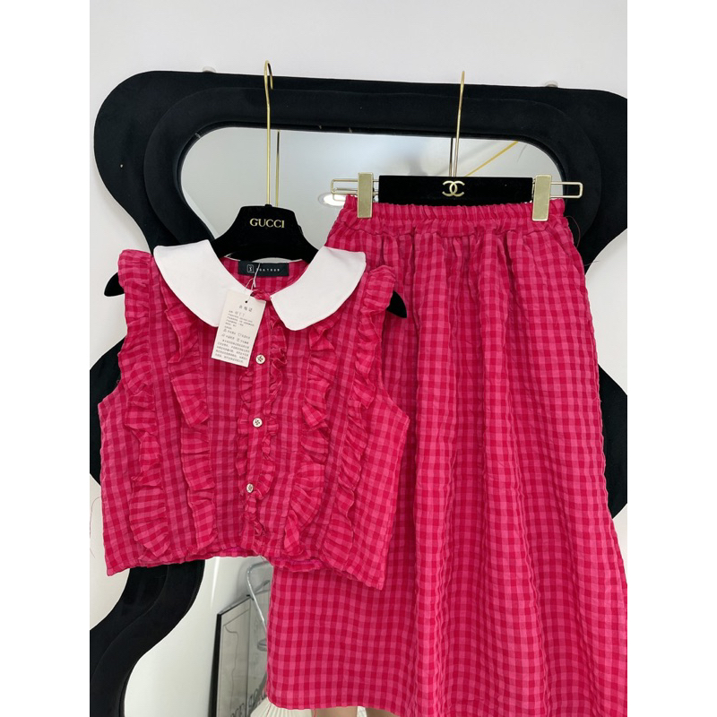 [ 𝐅𝐑𝐄𝐄 𝐒𝐇𝐈𝐏 ] Set đồ nữ cổ sơ mi bèo cộc tay  đính khuy phối chân váy  Cô phối siêu đẹp  Chất kẻ đui~ l1 k lo sùi