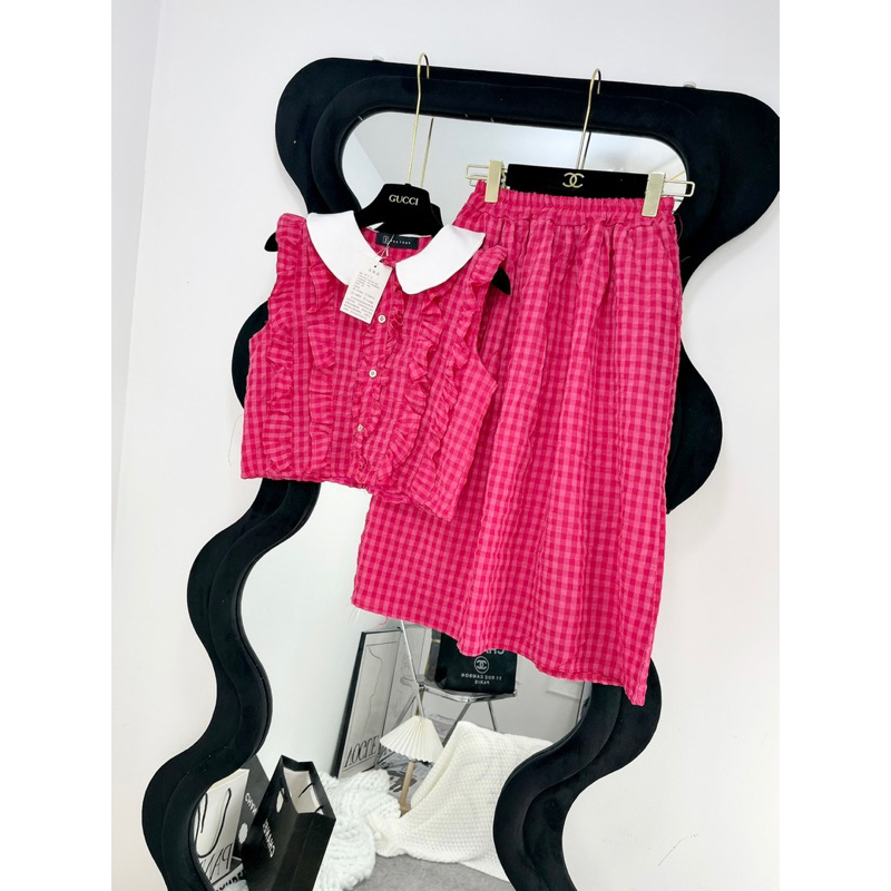 [ 𝐅𝐑𝐄𝐄 𝐒𝐇𝐈𝐏 ] Set đồ nữ cổ sơ mi bèo cộc tay  đính khuy phối chân váy  Cô phối siêu đẹp  Chất kẻ đui~ l1 k lo sùi