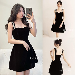 Váy Nhung 2 Dây Cúp Ngực Vai Đính Đá sẵn ship ngay
