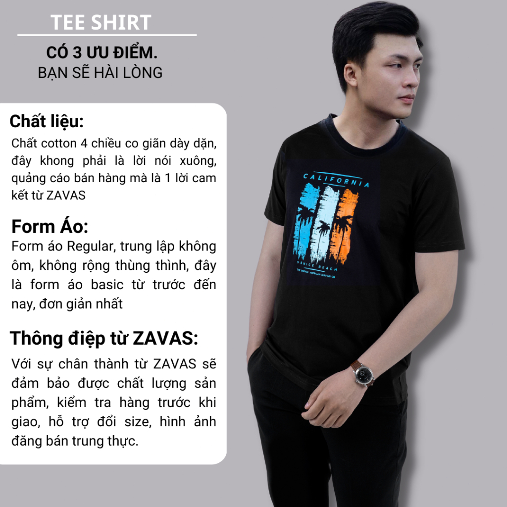 Áo thun nam cotton vải dày mịn ZAVAS form Regular tiêu chuẩn co giãn tốt thoáng mát không gây nóng in hình đẹp rõ - Z18