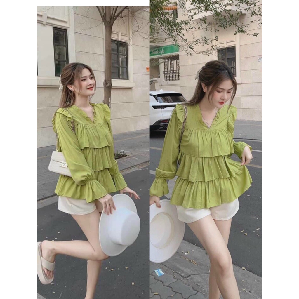 SET ĐÙI THỜI TRANG NỮ ĐI CHƠI ÁO TÂNG CỔ V MIX QUẦN ĐÙI MÀU XANH BƠ