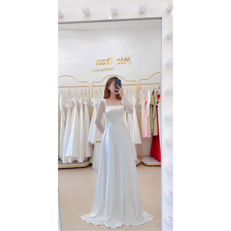 váy cưới đi bàn lụa tay ren cổ vuông - đầm thiết kes