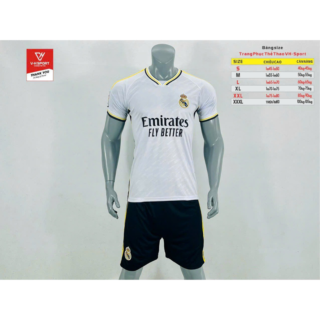 Bộ Quần Áo Bóng Đá Real Madrid Trắng Hot Mùa Giải Mới 2023-2024 Sân Nhà Màu Trắng - Vải Thun Lạnh Cao Cấp