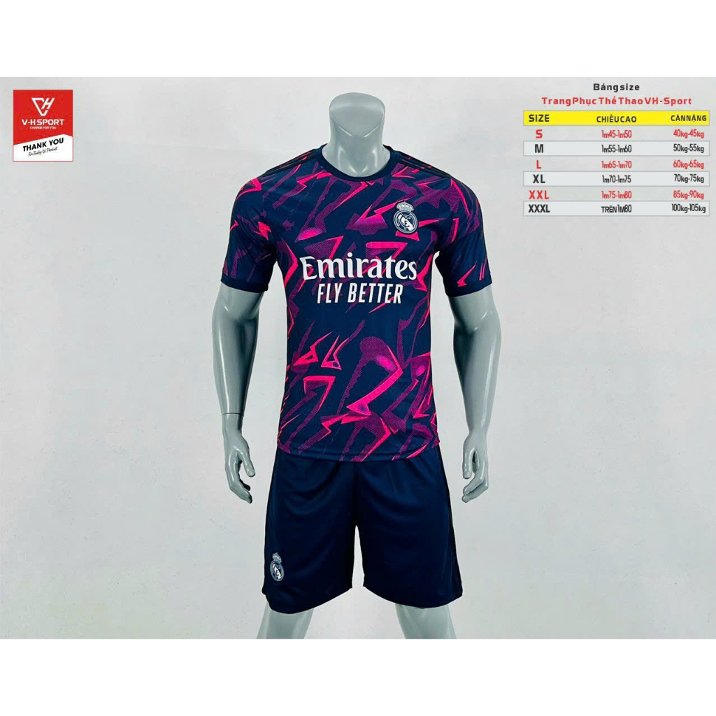 Hot Bộ Quần Áo Bóng Đá Real Madrid Sân Khách Màu Xanh Đen Hồng 2023-2024 - Vải Thun Lạnh Cao Cấp