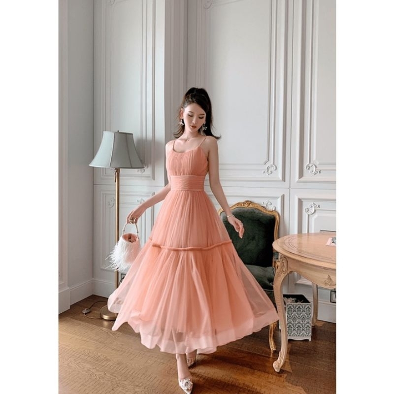 Đầm công chúa 2 dây xòe tầng bồng bềnh màu hồng cam size S