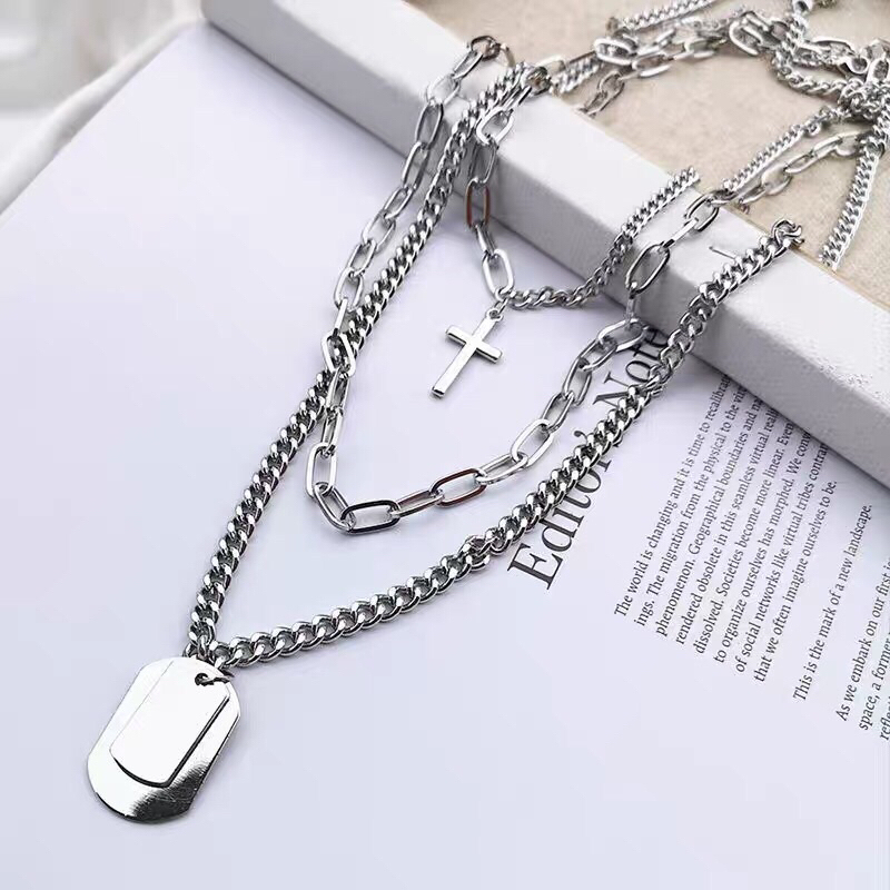 Set 3 Chiếc Vòng Cổ/Dây Chuyền Unisex Chất Liệu Thép Titan Mặt Chữ Thập Mặt Thẻ Tên Quân Đội Mỹ Phong Cách Đường Phố
