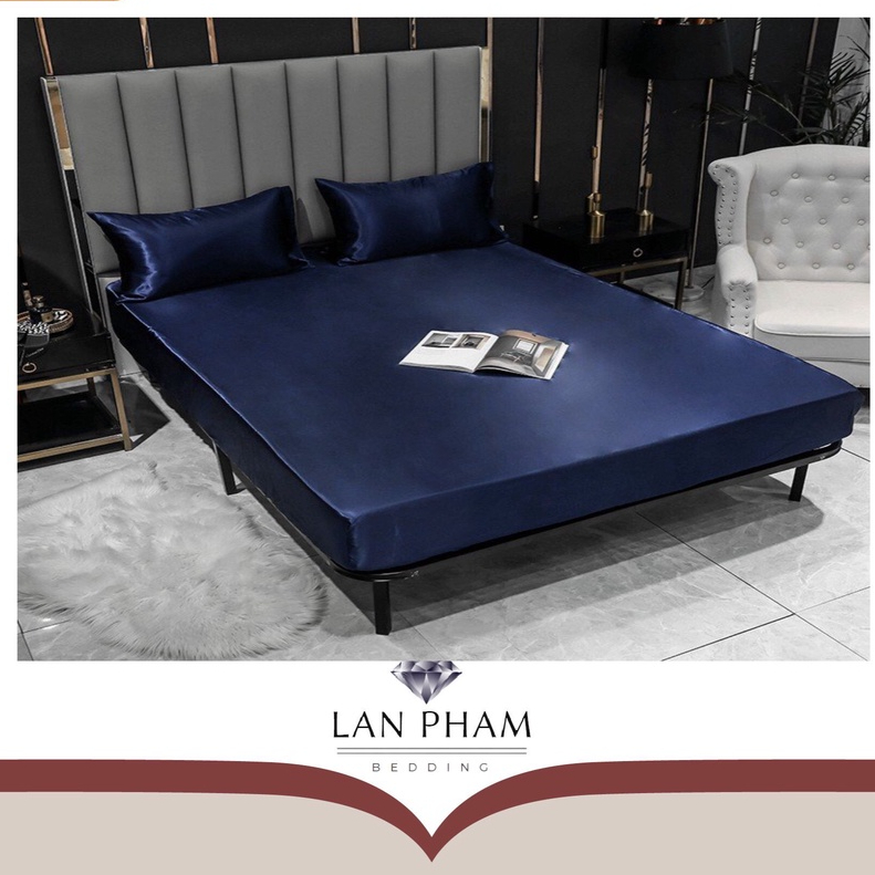 (Loại 1) Bộ Ga Gối Phi Lụa 4 Món Cao Cấp Mát,Mềm,Mịn Lan Bedding- Màu Xanh Đen