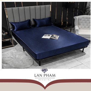 Bộ ga gối phi lụa 4 món cao cấp mát,mềm,mịn lan bedding- màu xanh đen