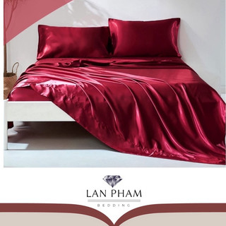 (Loại 1) Bộ Vỏ Chăn Ga Gối Phi Lụa 5 Món Cao Cấp Mát,Mềm,Mịn Lan Bedding-Màu Đỏ Đô