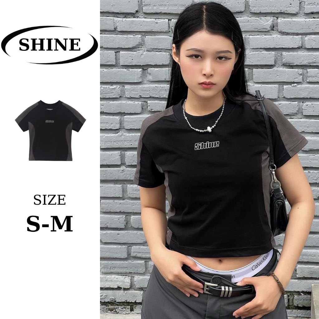 Áo thun nữ ngắn tay LINE WAVE BABY T-SHIRT màu đen xám , Áo Croptop áo baby tee dáng ngắn Shine Clothes