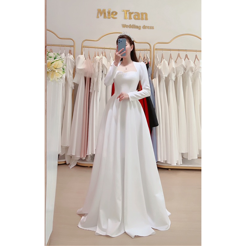 Váy đi bàn cô dâu tay dài , đầm thiết kế mie tran