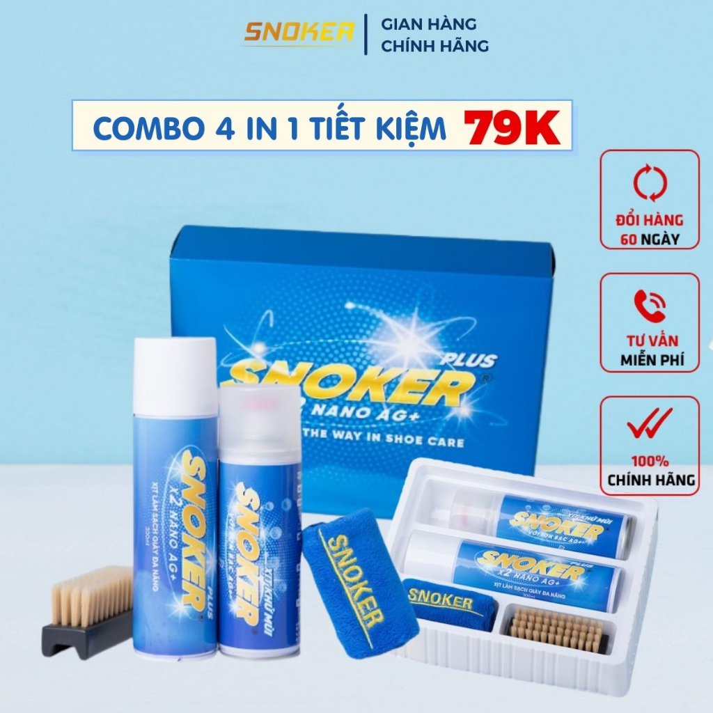 Combo 4 in 1 Bộ Xịt Vệ Sinh Giày PLUS, Khử Mùi Hôi Giày, Tẩy ố Khăn Lau Bàn Chải Siêu Tiết Kiệm