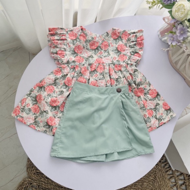 Bộ quần áo mùa hè cho bé gái từ 8-32kg chất thô cotton áo hoa và quần giả váy