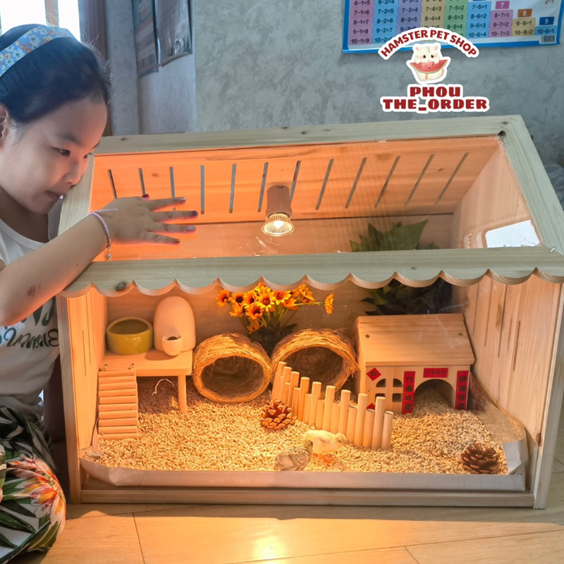 Lồng chuồng chuột hamster hình ngôi nhà gỗ mix nhựa mica