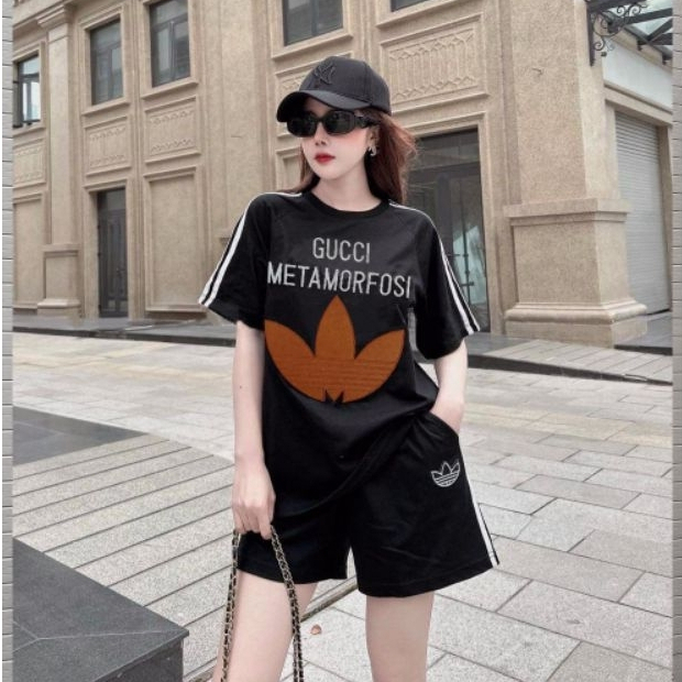 Bộ Thun Đùi Nữ, Bộ Thu Đông Nữ Quảng Châu Form Rộng Áo Thun Cotton Cao Cấp Phối Quần Thun Lạnh In 3D Sang