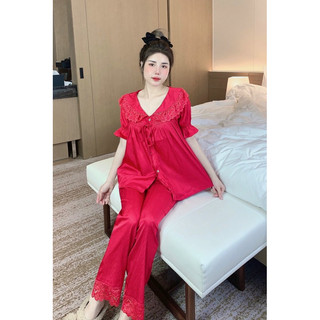 Bộ cộc dài nơ ren lụa xước thiết kế