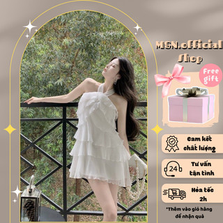 Đầm trắng dự tiệc sang trọng cổ yếm xếp tầng 2 dây, váy nữ phong cách hàn quốc tiểu thư