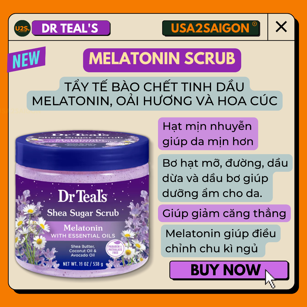 Tẩy tế bào chết Dr Teal's Shea Sugar Body Scrub Melatonin with Essential Oils