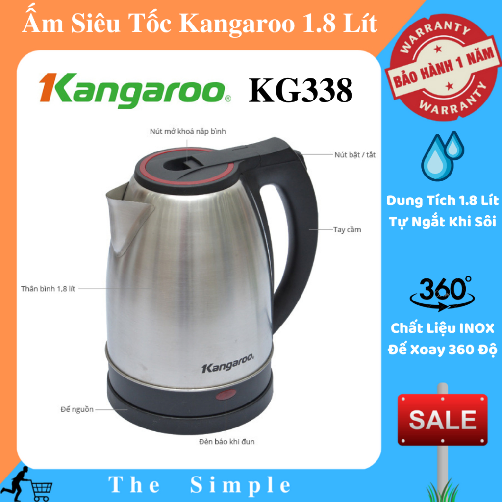 Ấm siêu tốc Kangaroo KG338 1,8 lít inox siêu bền, Không mùi - Sôi nhanh - Hàng Chính Hãng - Bảo hành 1 năm