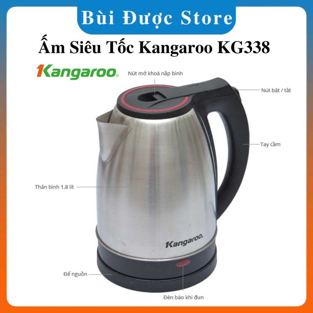 Ấm siêu tốc Kangaroo KG338 1,8 lít inox siêu bền, Không mùi - Sôi nhanh - Hàng Chính Hãng - Bảo hành 1 năm