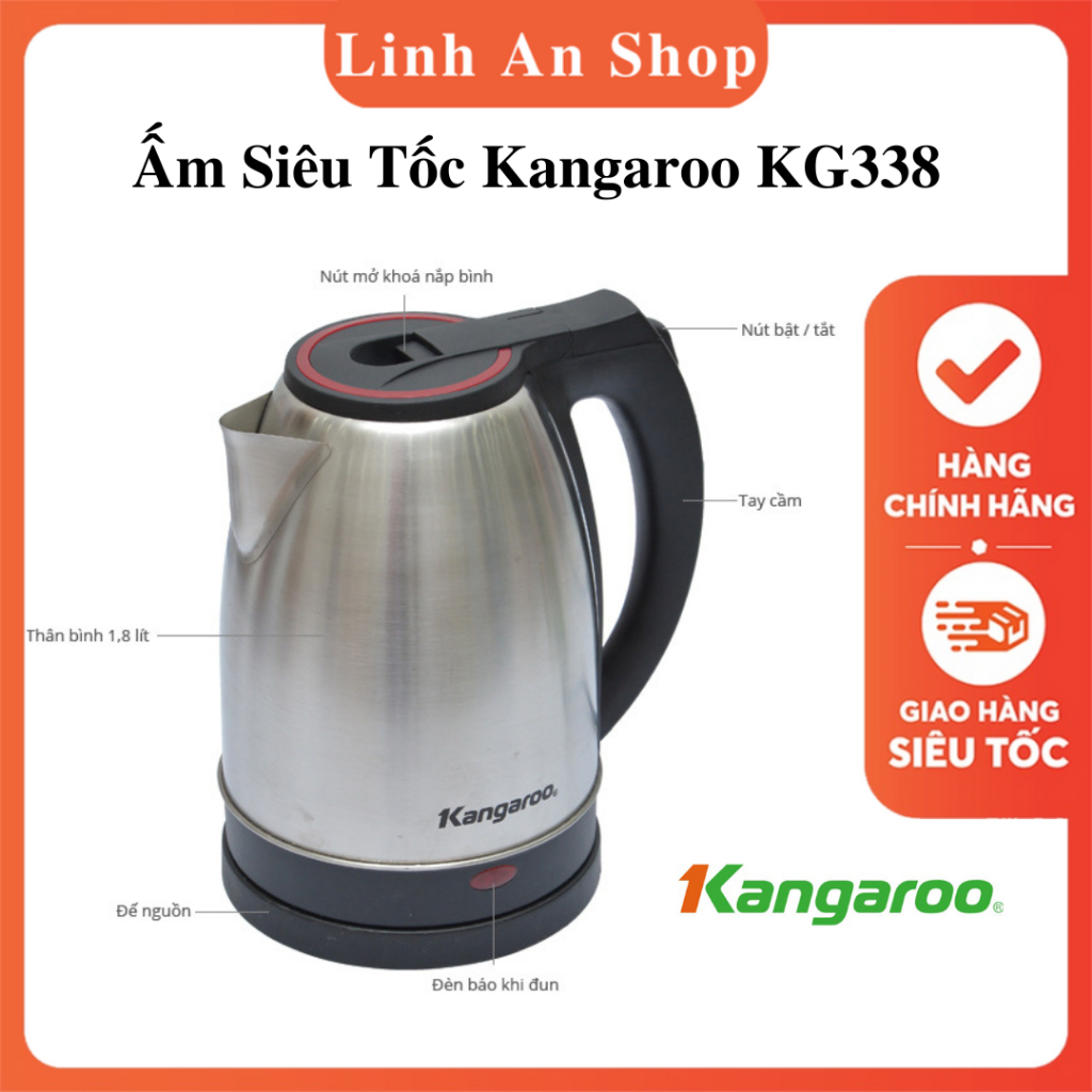 Ấm siêu tốc Kangaroo KG338 1,8 lít inox siêu bền, Không mùi - Sôi nhanh - Hàng Chính Hãng - Bảo hành 1 năm