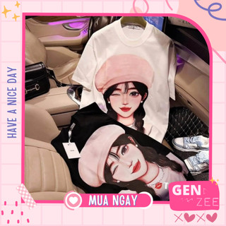 Áo thun cô gái đội mũ hồng ⚡ FREESIZE ⚡ Áo phông unisex form rộng, áo thun chất cotton su mềm mại