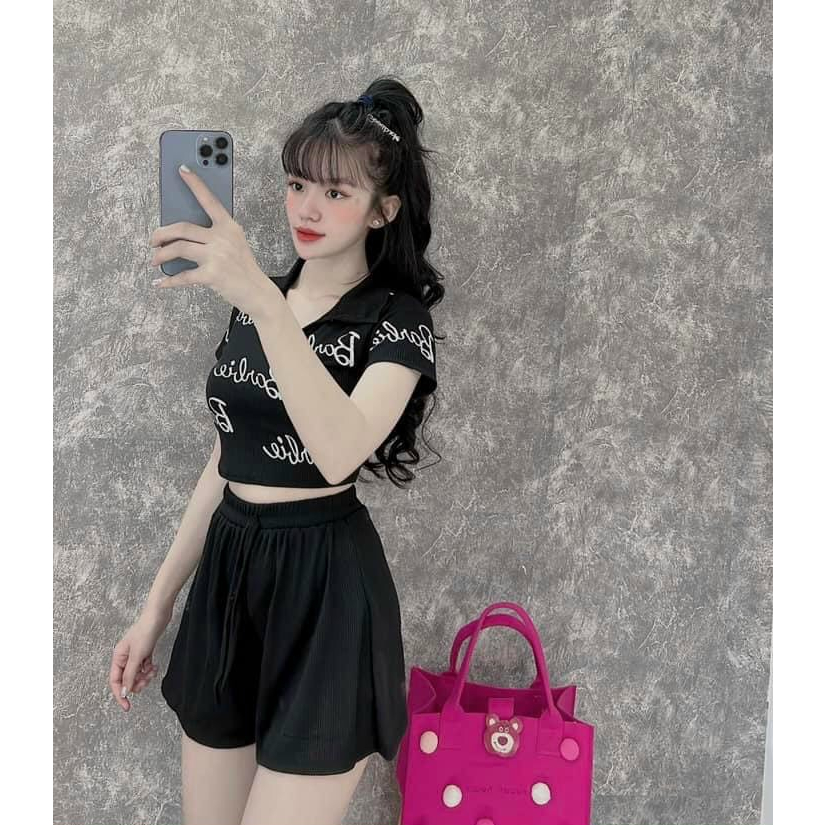 Sét bộ đùi cá tính thời trang mùa hè siêu xinh,áo croptop cổ bẻ in chữ phong cách trẻ trung