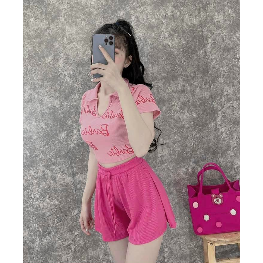 Sét bộ đùi cá tính thời trang mùa hè siêu xinh,áo croptop cổ bẻ in chữ phong cách trẻ trung